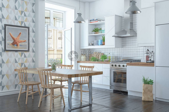斯堪的纳维亚北欧厨房的3d渲染图片