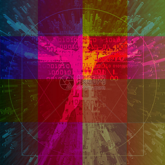 彩色方块背景上有二进制代码的维特鲁威人维特鲁威人的未来派表现力插图用二进制代码象征着数字时代科学新技术和图片