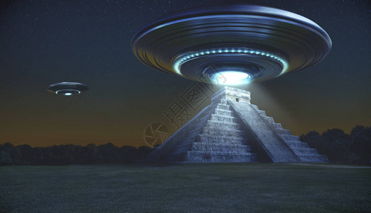 玛雅金字塔上的飞碟在清早的夜里用一束轻能量射线3D造影图片