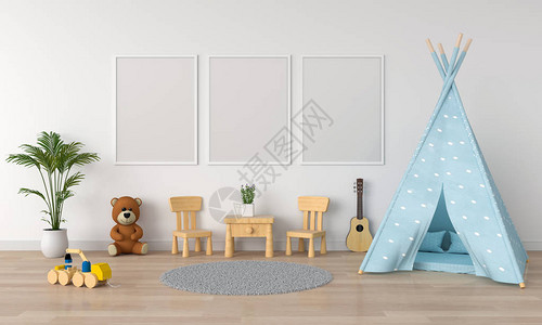 儿童室模型的三个空照片框架图片