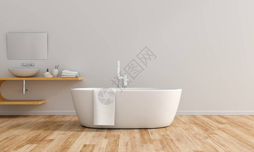 白色洗手间内浴缸和木架上的白图片