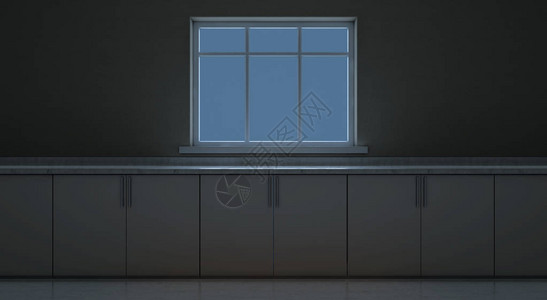 一个空的厨房柜台对面窗口在夜间向外看3DGroup3D图片