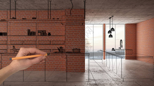 家庭装修房屋开发概念背景正在建设的室内设计与手绘定制建筑黑色素描显示现图片