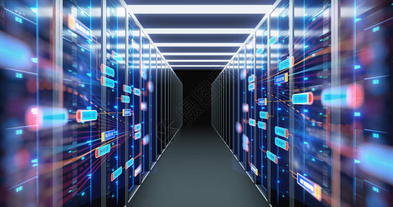充满电信设备大数据存储概念和云计算技术的数据中心服务器机房的图片