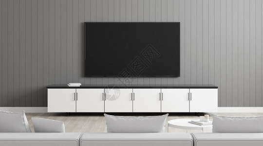 客厅在最小的风格与灰色层压墙上的电视图模拟坐在白色沙发上看电视的想法图片