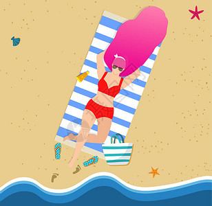 海滩上晒黑的女人美丽的女孩在太阳镜和红色比基尼在沙滩上放松夏季休闲图片