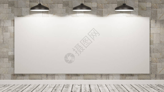 木地板空房间的白色空白壁画板由三个黑图片