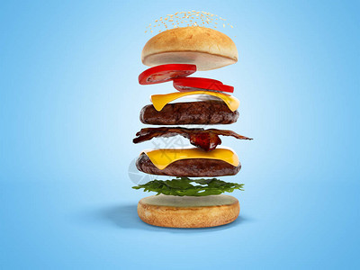 第3层第3d中创建汉堡的概念在蓝色背景和阴图片