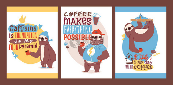 懒惰品尝杯咖啡套动物卡享受早晨插图图片