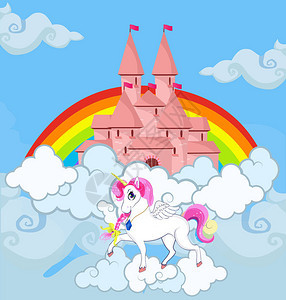 独角兽在天空城堡明亮的彩虹卡哇伊背景图片