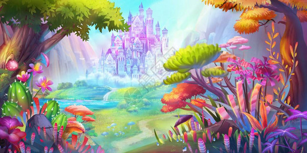 森林和城堡山与河小说概念艺术逼真的插图视频游戏数字CG艺术图片