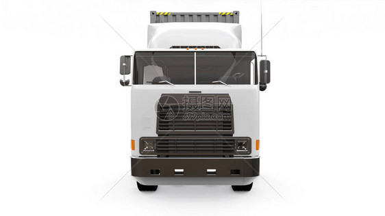 一辆带有睡眠部分和空气动力学延伸部分的大型复古白色卡车携带一辆装有海运集装箱的拖车图片