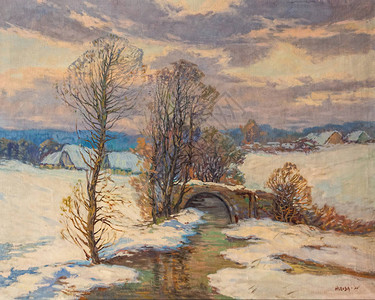 1925年捷克画家Hlavsa在捷克传统村庄和一条小溪上对乡村冬季风图片