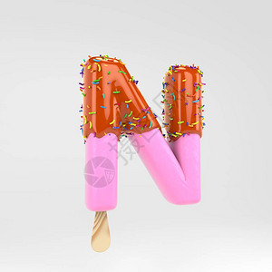 冰淇淋字母N大写带有焦糖和洒水的粉红色水果冰棒字体3d呈现孤立在白色背景上的字母类型对于横幅图片