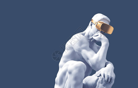 蓝色背景的金VR玻璃雕塑思想图片