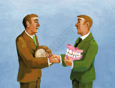 一个拿着面包的男人和一个戴假牙的男人握手比喻有能力的人和有可能的人之间相遇的可能超现实的图片