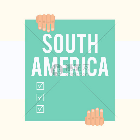 南美洲西半球拉丁美洲大陆的商业概念在嘉年华中闻名的狂欢节两只手拿着大空矩形从几何背景往下移开图片