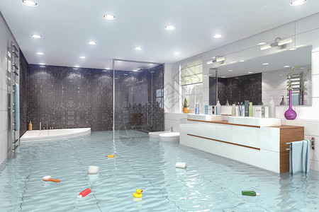 洪水泛滥的现代浴室的3d渲染图片