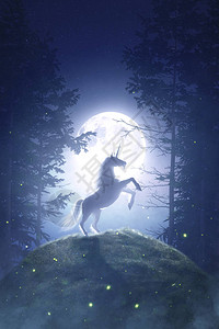 月光夜森林中的童话独角兽3D渲染图片
