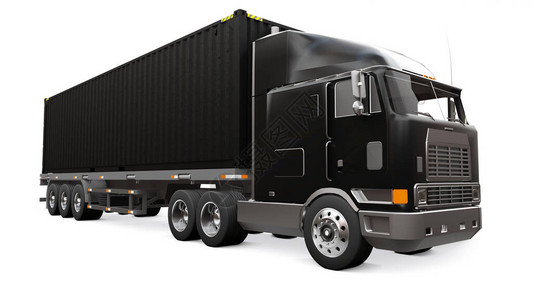 一辆带有睡眠部分和空气动力学延伸部分的大型复古黑色卡车携带一辆装有海运集装箱的拖车图片