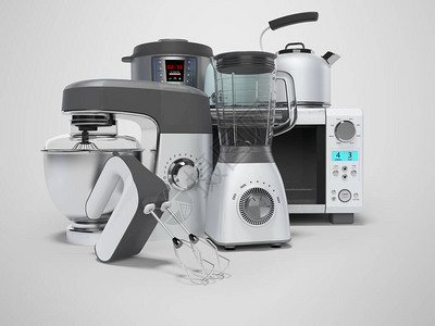 3D将家用电器组合混机搅拌机食品加工机多烹饪机以灰色背图片