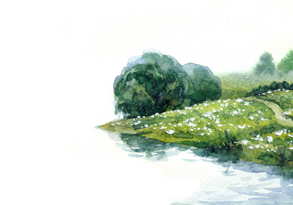 手绘水彩颜料素描雾霾风景在白纸卡背景文本空间上绿色雨雾平静的野杨树冷杉植物谷乡村公园溪湾图片
