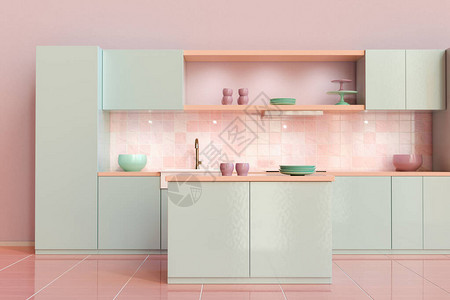 3D配有厨房岛的现代内建开放计划厨房图片