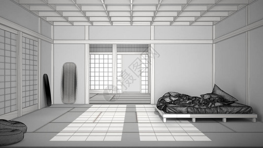 禅宗日式空旷简约卧室榻米地板蒲团双人床大窗户冥想空间和平静瑜伽放松室套房室内设计图片