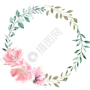 绿叶和粉花朵的花环水彩插图白色背景上的高分辨率婚礼设计卡片贴图片