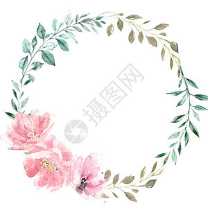 绿叶和粉花朵的花环水彩插图白色背景上的高分辨率婚礼设计卡片贴背景图片