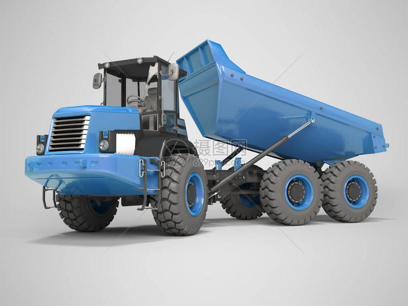 建筑机械蓝色倾卸卡车从拖车3D上卸下图片