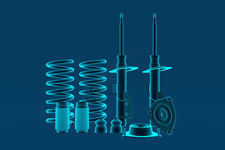 3D渲染带防尘盖缓冲器安装和支柱安装的乘用车减震器新汽车零件备件商店备件背景图片