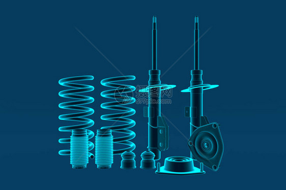 3D渲染带防尘盖缓冲器安装和支柱安装的乘用车减震器新汽车零件备件商店备件图片