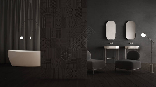 现代白色和灰色简约抽象浴室配有装饰木隔墙镶木地板石膏墙天鹅绒扶手椅带灯的浴缸双图片