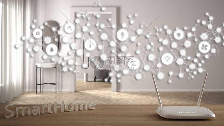 木桌上的WiFi无线路由器智能家居带连接线的几何背景和显示物联网系统的点现代浴室上的家图片