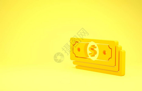 黄色堆栈纸币现金图标孤立在黄色背景钱钞票堆票据货币极简主义概念3d插图图片