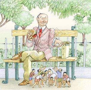 午餐时在公园长椅上的男人向一群贫穷的小的和绝望的不公正主题图片