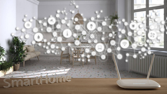 木桌上的WiFi无线路由器智能家居带连接线的几何背景和显示物联网系统的点复古厨房上的家图片