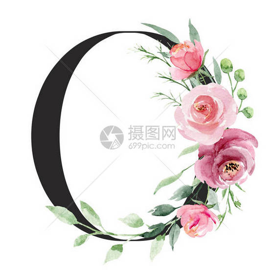 水彩画用花叶和花叶的O字母图片