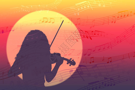 一个小提琴家女孩在日落或黎明的背景下玩儿的轮廓音乐背景图片