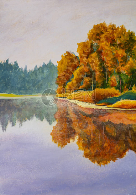 河海池塘水面上的油画丙烯画秋天橘子树反映在平静的水面现代美术中平静的插图图片