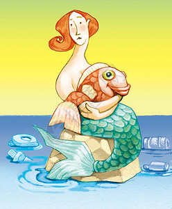 抱"大腿抱着鱼的美人鱼在大海看着悲伤充满插画