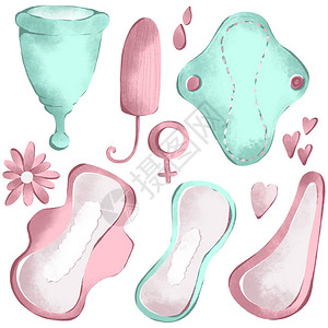 月经周期中一组可爱的女卫生用品的数字插图月经杯垫在白色背景上打印贴纸图标图片