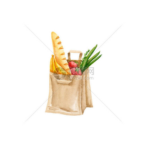 带蔬菜水果面包的水彩纸袋插图上白色孤立手绘环保购物包图片