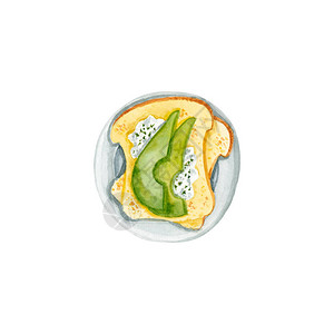 水彩吐司配鳄梨插图上白色孤立手绘早餐食品图片