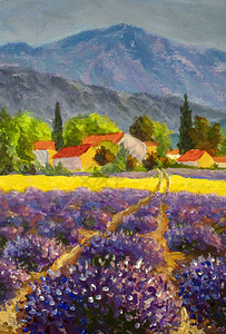 油画意大利夏季乡村薰衣草紫色的田野法国托斯卡纳黄色黑麦的领域和高柏树背景中的山脉油图片