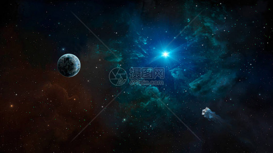 以多彩星云和恒星组成的小行星飞向行星图片