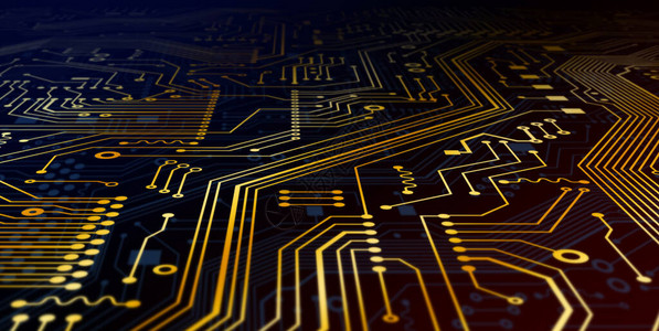 电子计算技术概念带有金线的微电子路宏观视图插图片