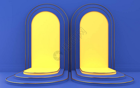 带有蓝色讲台的弧线带有金色细节的最小黄色门户3d渲染具有几何形式的场景最图片