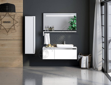 现代浴室内部和浴室家具套装与浴室配件3d渲染和设计图片